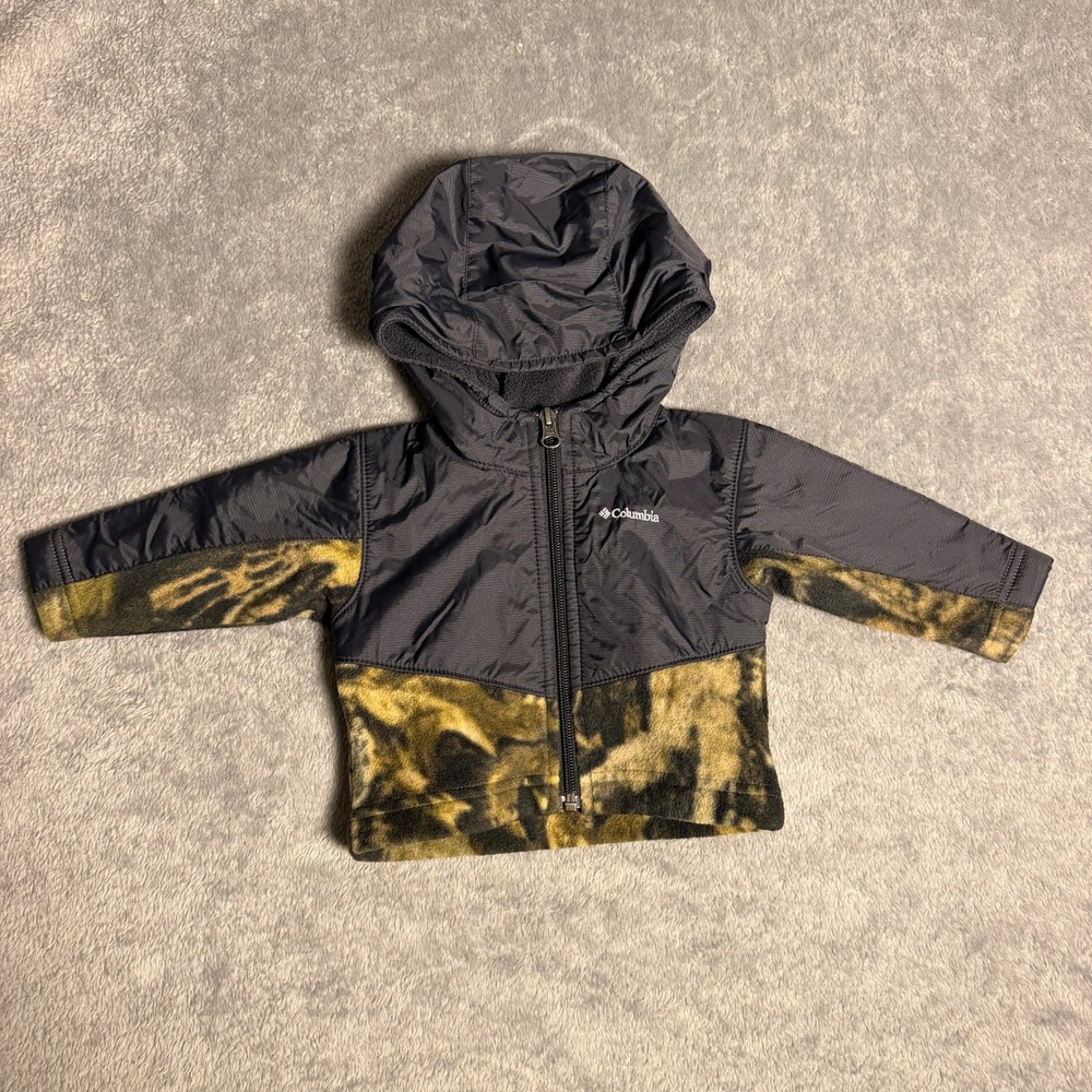 Columbia Kids 3-6 Months Fleece Hooded Jacket Grey Olive Camo Hybrid Full Zip